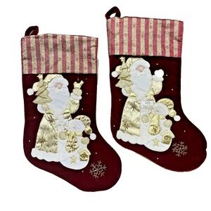 Vintage Santa's Best Burgundy Velvet Christmas Stocking Gold 18" Lot Of‎ 2